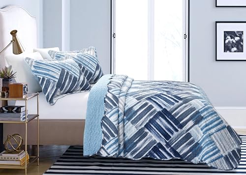 Blue Grey Stripes & Blocks Patchwork Quilt Set
