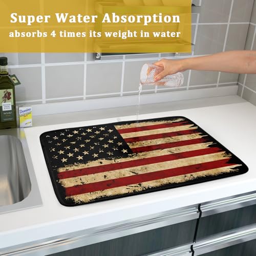 4th of July Dish Drying Mat for Kitchen Counter Rustic Black Patriotic Super Absorbent Reversible Microfiber Kitchen Countertop Protector Dishes Pad Large 18x24 inch