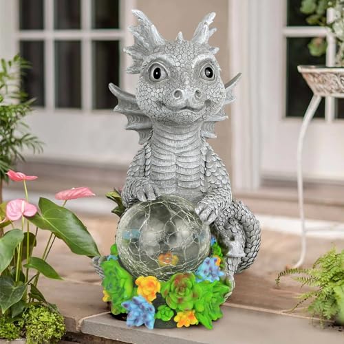 Solar Garden Outdoor Statues Dragon Holding Magic Orb with Solar LED Lights