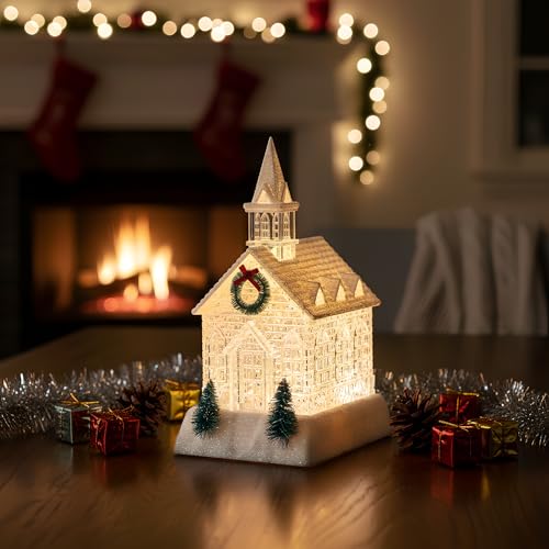 Christmas Lighted Church Water Lantern Snow Globe with Evergreens and Wreath