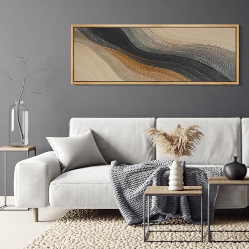 Large Framed Canvas Print Wall Art Abstract Wave Pattern Neutral Black and Brown Modern Geometric Illustrations Decorative Colorful for Bedroom