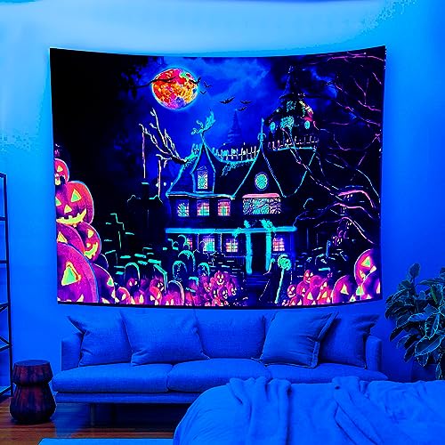 Blacklight Halloween Castle Tapestry 79"x59" Pumpkins Bats Crosses Backdrop Bedroom Aesthetic Hippie Room Decor Glow in The Dark Wall Poster for Halloween Easter
