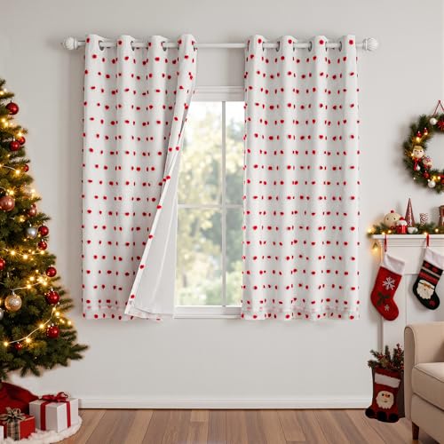 Blackout Curtains for Girls Bedroom 63 Inch Long Red Pom Pom Curtains for Kids Room 2 Panels 100% Room Darkening Window Treatment 2 Layered Drapes Toddler Grommet 50W x 63L