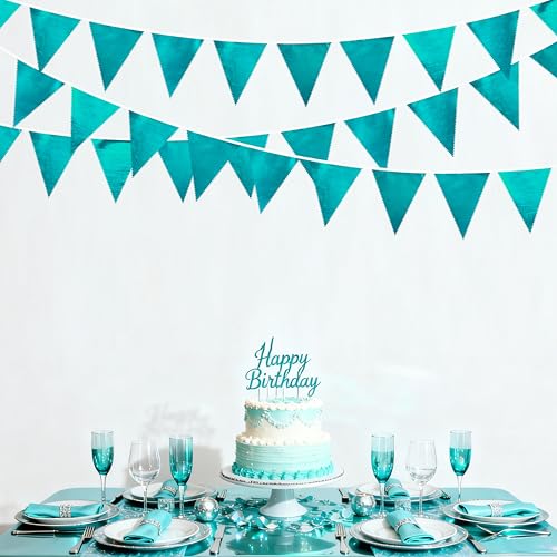 Teal Aqua Blue Triangle Pennant Banner Turquoise Metallic Fabric Flag Bunting Garland for Birthday Bridal Shower Graduation Wedding Holiday Retirement Under The Sea Mermaid Party Decorations Supplies