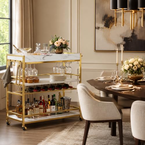 Gold Bar Cart on Wheels for Home with Wine Rack & Glass Holders