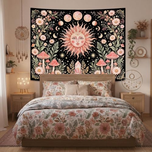 Boho Pink Sun Moon Phase Daisy Flower Mushroom Tapestry 80 x 60 Inch