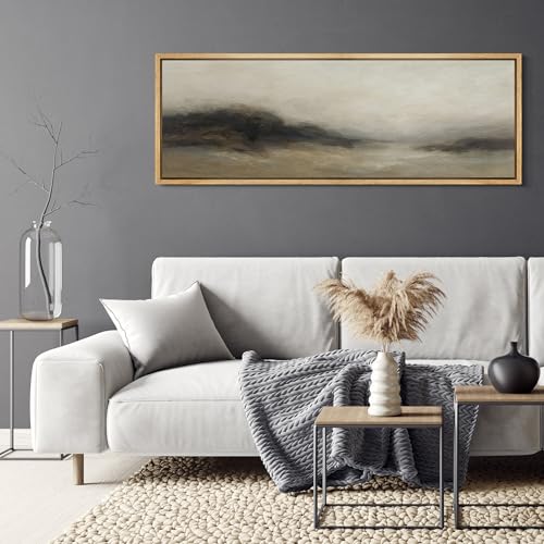 Large Framed Canvas Print Wall Art Foggy Mountain Horizon Landscape Neutral Tones Abstract Illustrations Decorative Colorful for Bedroom