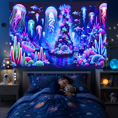Blacklight Tapestry Jellyfish Ocean Decor 78x59 Inch