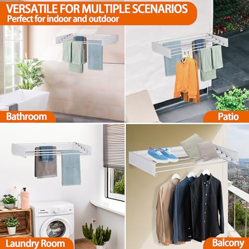 Laundry Drying Rack Wall Mounted Clothes Drying Rack Collapsible with 5 Aluminum Rods and Drilling Template Long Screwdriver Bit 60 lbs Capacity