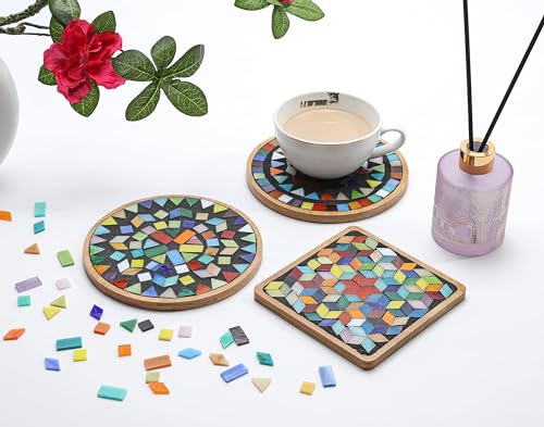 2 Sets of DIY Mosaic Craft Kits Mosaic Tiles Coaster Kit Make Your Own Mosaic Project Handmade Craft Set with Stained Glass Mosaic Tile Pieces for Decoration and Gift (12 Count)