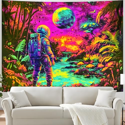 Blacklight Space Astronaut Tapestry UV Reactive Galaxy Planet Glow in Dark Tapestries Black Light Poster Neon Wall Hanging Art for bedroom Living Room
