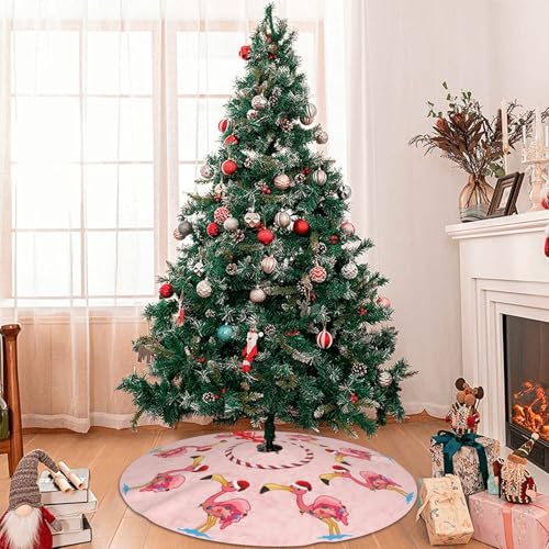 48" Pink Flamingo Pattern Christmas Tree Skirt Large Tree Mat Base Cover for Xmas Festive Holiday Party Decoration Ornaments