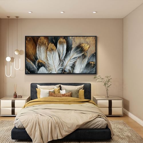 Framed Wall Art Modern Living Room Bedroom Wall Decoration Large Canvas Painting Artwork for Home Decor Gold Brown Feather Picture Ready to Hang 30x60 Size Black Framed
