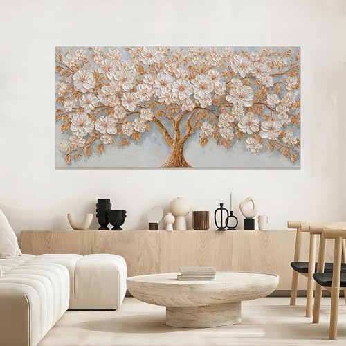 Oversized Canvas Wall Art Decor Gold Tree of Life Canvas Art Wall Decor For Living Room Modern Botanical Decor Nature White Floral Tree Wall Art Artwork For Bedroom Home Office Wall Decor 29×58 Inch