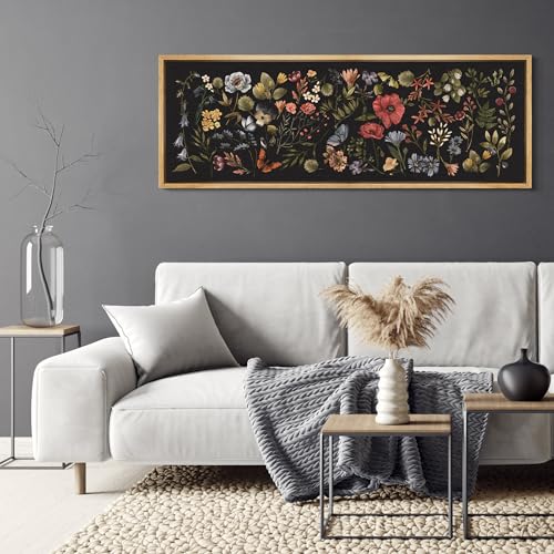 Large Framed Canvas Print Wall Art Midnight Garden Vintage Floral Illustrations Antique Retro Fine Art Illustrations Decorative Colorful for Bedroom