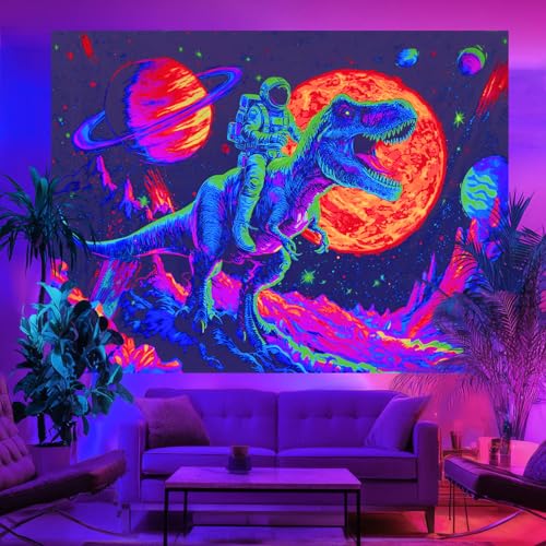 Blacklight Tapestry Dinosaur Astronaut Wall Art 78 x 59 Inch