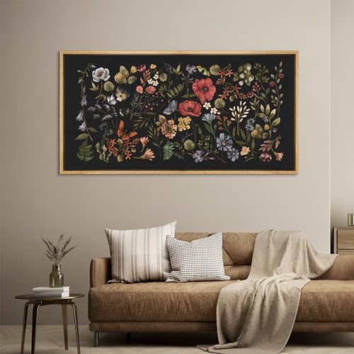 Extra Large Framed Canvas Print Wall Art Midnight Garden Vintage Floral Illustrations Antique Retro Fine Art Illustrations Decorative Colorful for Bedroom