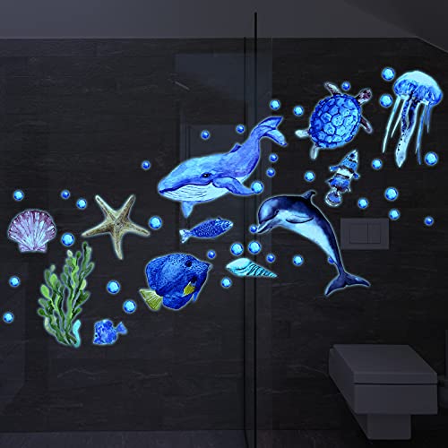 52 Pcs Ocean Fish Wall Decals Glow in The Dark Under The Sea Wall Decals Sea Life Animals Stickers Removable Waterproof Peel and Stick Decal for Girl Boy Kids Bedroom Nursery Bathroom (46 Count)