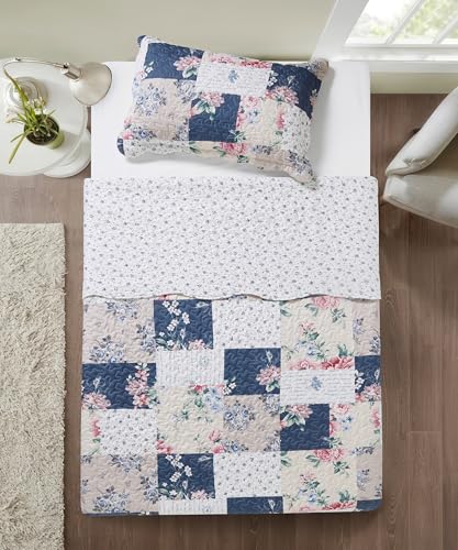 Pink Rose & Blue Toile Patchwork Quilt Set