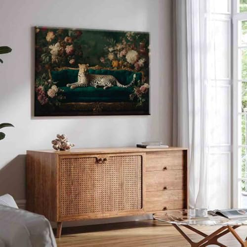 Trendy Cheetah Poster Wild Animal Pictures Dark Gothic Painting Panther on the Sofa Wall Art Fashion Cheetah Artwork 16x24inch framed