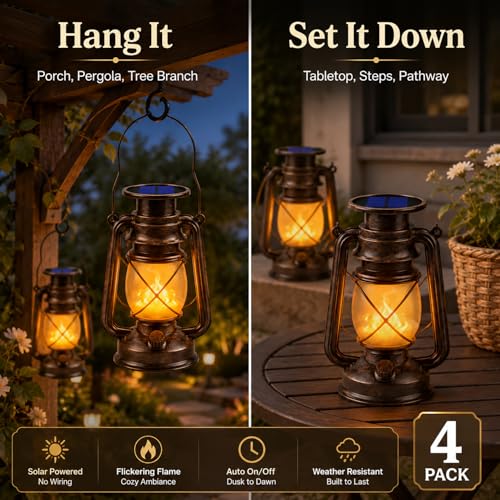 Solar Lanterns Outdoor Waterproof 4 Pack LED Flickering Light (4 Count)