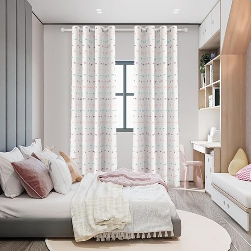Total Blackout Curtains for Kids Bedroom 80 Inch Long 100% Light Blocking Curtains for Living Room 2 Panels Room Darkening Grommet Double Layer Drapes with Rainbow Pom Pom Sheer 50W x 80L