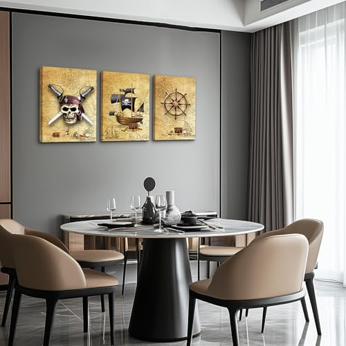 Pirate ship and rudders Canvas Wall Art for Living Room Bedroom Decoration wall painting (3 Count)