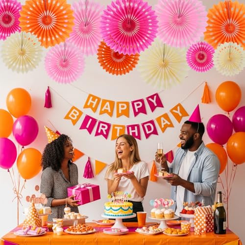 Honeycomb Round Paper Fans Pink Orange White Hanging Party Decor (12 Count)