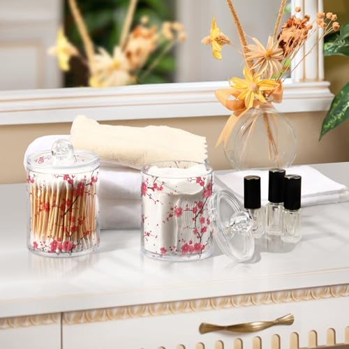 2 Pack Qtip Holder Organizer Dispenser Branches Pink Cherry Blossom Bathroom Storage Canister Cotton Ball Holder Container for Cotton Pads (2 Count)