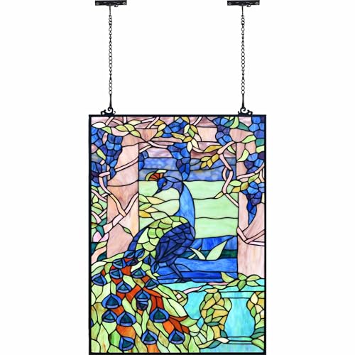 W10095 Blue Peacock Tiffany Style Stained Glass Window Panel