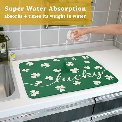 St Patricks Day Dish Drying Mat for Kitchen Lucky Shamrocks Absorbent Reversible Microfiber Kitchen Countertop Protector Dishes Pad Large 18x24 inch