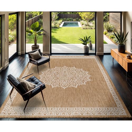 Outdoor Rug 8x10 Medallion Natural Modern Area Rugs for Indoor and Outdoor Patios Kitchen and Hallway Mats Washable Porch Deck Outside Carpet (80 Sq Ft)