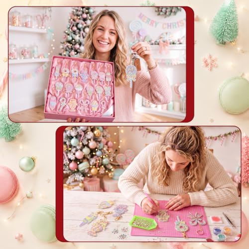 20 Pcs Christmas Macaron Candy Diamond Painting Keychain Kits 5d DIY Diamond Art Pendants Double Sided Hanging Key Chains for Christmas Party Decoration DIY (20 Count)