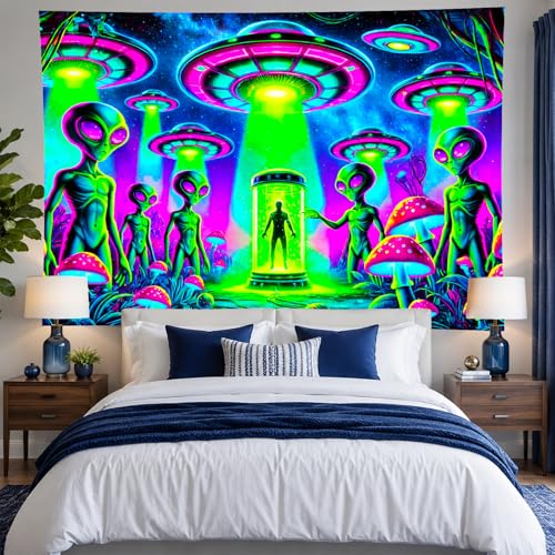 Blacklight Tapestry Alien UFO Room Wall Art 78 x 59 Inch