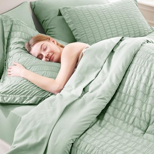 Full Size Comforter Set 7 Pieces Sage Green Seersucker Bed in a Bag