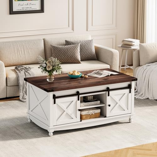 48" Farmhouse Lift Top Coffee Table with Storage Sliding Barn Door & Large Hidden Compartment