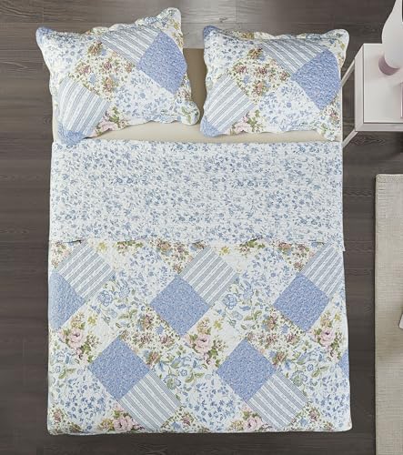 Blue Roses Patchwork Quilt Set