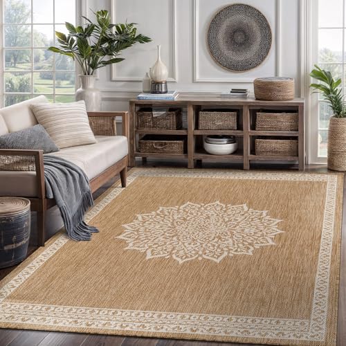 Outdoor Rug 6x9 Medallion Natural Modern Area Rugs for Indoor and Outdoor Patios Kitchen and Hallway Mats Washable Porch Deck Outside Carpet (60 Sq Ft)