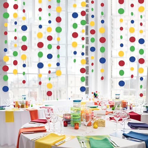 Mario Party Decorations Circle Dot Garland Red Blue Yellow Green Hanging Paper Polka Dot Streamer for Birthday Wedding Bridal Shower Carnival Circus Clown Fiesta Party Supplies