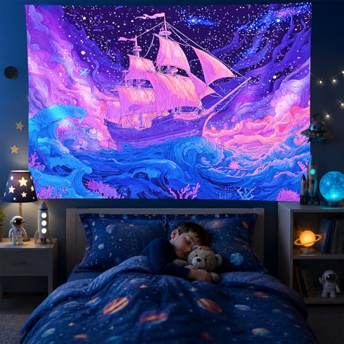 Blacklight Tapestry Ocean Ship Neon Wall Art 78 x 59 Inch