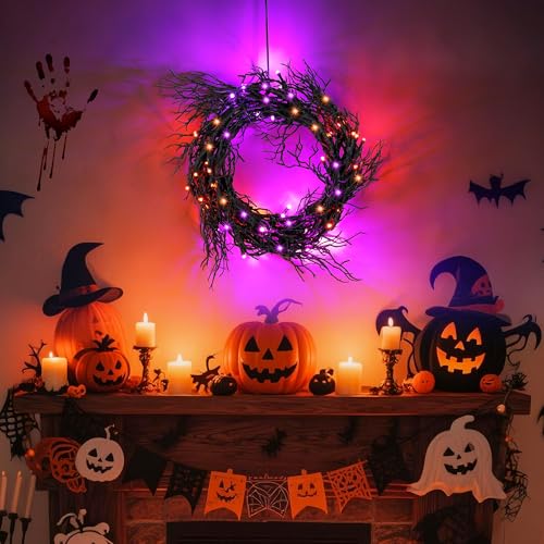 9 FT 66 LED Willow Vine Twig Decor Black Halloween Garland with Orange Purple Lights