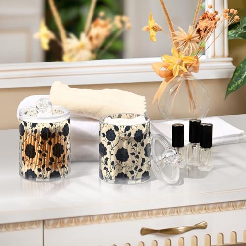 2 Pack Qtip Holder Organizer Dispenser Black Roses Tile Pattern Bathroom Storage Canister Cotton Ball Holder Container for Cotton Pads (2 Count)