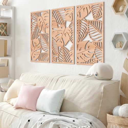 Large Wood Tropical Wall Art 15.9X32 Inch Carved Palm Leaves Wall Decor Coastal Leaf Monstera Plant Wall Sculptures for Living Room Bedroom Set of 3