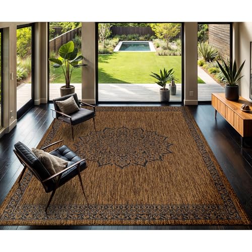 Outdoor Rug 10x14 Medallion Gold Modern Large Area Rugs for Indoor and Outdoor Patios Kitchen and Hallway Mats Washable Porch Deck Outside Carpet (140 Sq Ft)