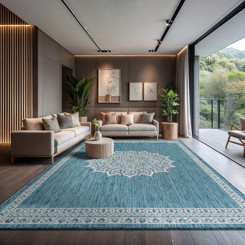Outdoor Rug 10x14 Medallion Aqua Modern Large Area Rugs for Indoor and Outdoor Patios Kitchen and Hallway Mats Washable Porch Deck Outside Carpet (140 Sq Ft)