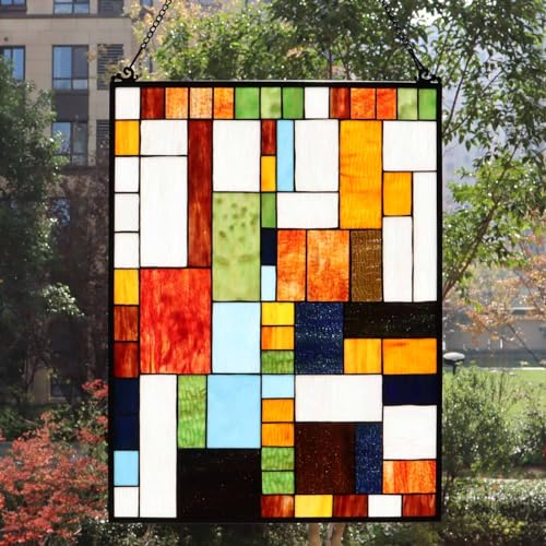 Geometric Color Block Tiffany Style Stained Glass Window Panel with Hanging Chain