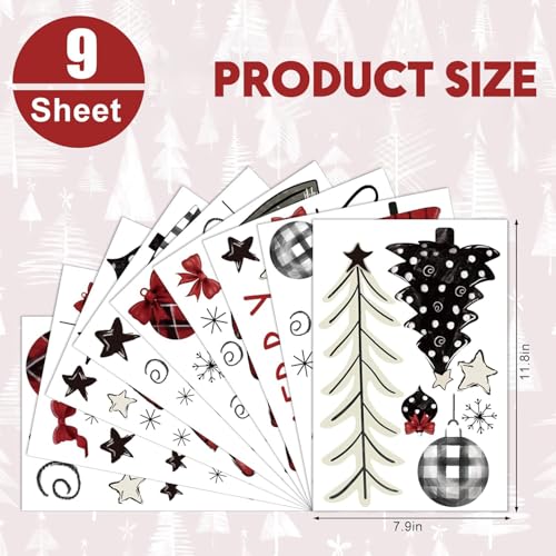 Christmas Window Clings for Glass 9 Sheet Xmas Tree Window Decals with Plaid Designs Window Stickers Winter Windows Cling for Party Supplies Home School Office Glass Decorations (9 Count)
