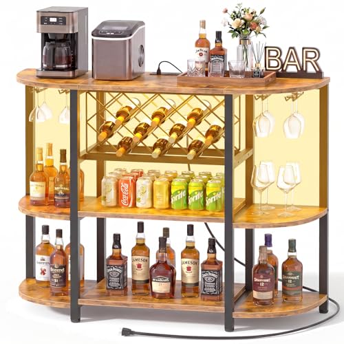 Tiger Grain 47" Curved Farmhouse Wine Bar Cabinet with RGB LED Lights & Power Outlets
