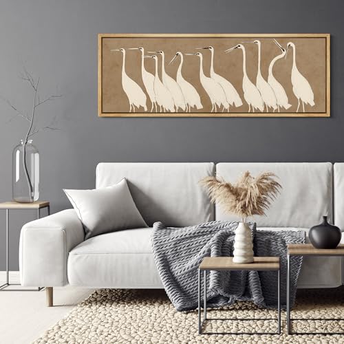 Large Framed Canvas Print Wall Art Minimalist White Cranes on Beige Background Antique Retro Fine Art Illustrations Decorative Colorful for Bedroom