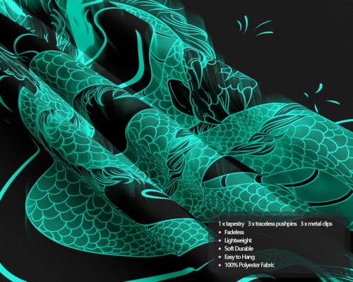 Blacklight Dragon Tapestry Wall Hanging Glow in the Dark Cool Japanese Dragon Backdrop Black Light UV Tapestry for Teen Boys Bedroom Mens Room Wall Decor 59.1" L x 59.1" W